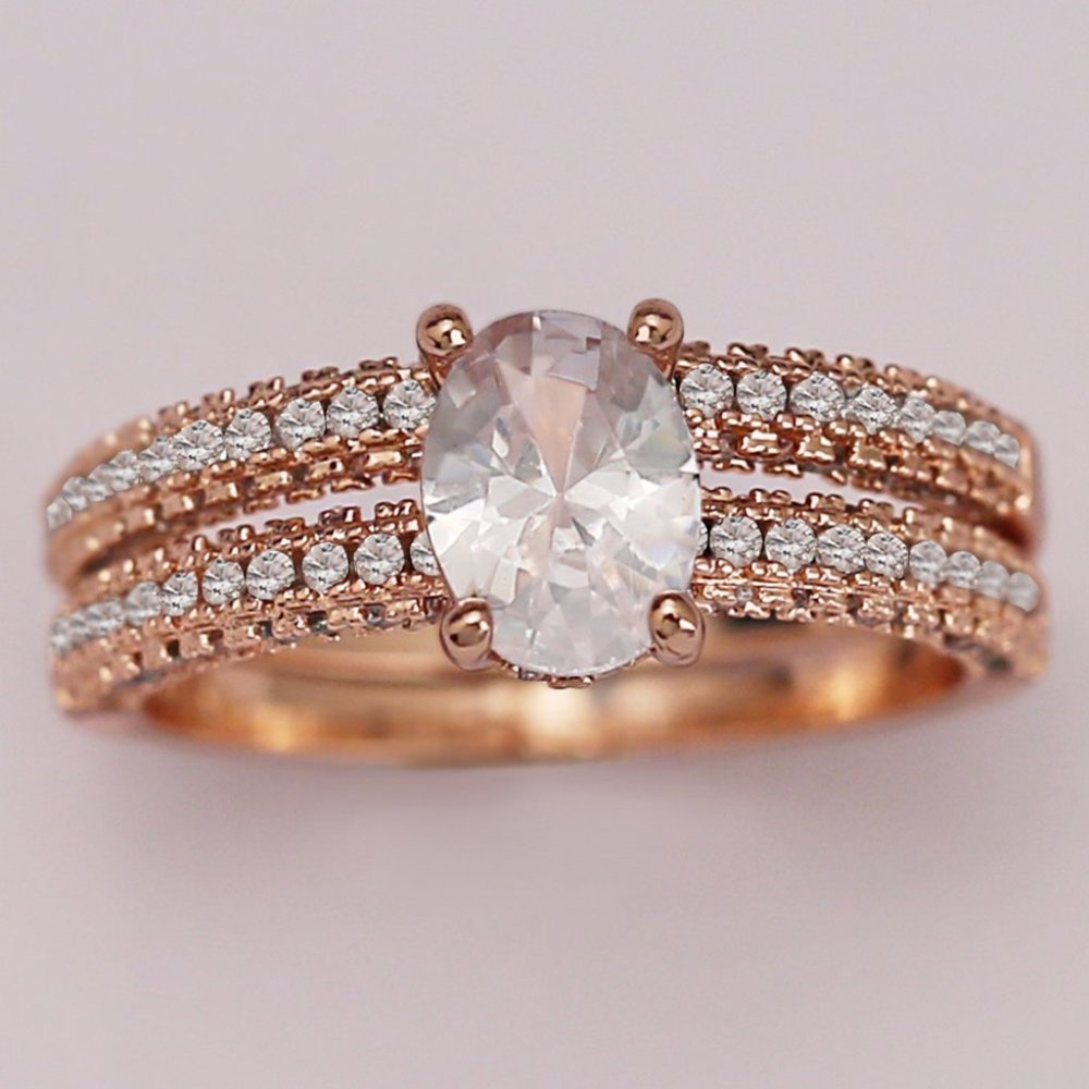 Dainty Oval Gemstone Anillo Micro Pave Rose Gold Ring Set for Women, VIP590